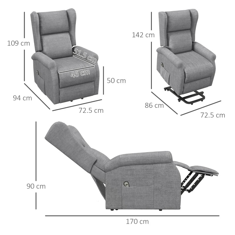 Electric Lift Recliner Armchair for Elderly - Fabric Riser Chair with Remote, Side Pockets, Extended Footrest, Grey
