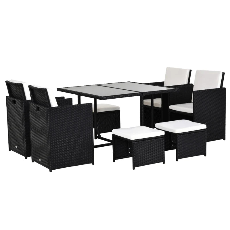 Black 9 Piece Rattan Dining Set With Glass Top Table & White Cushions