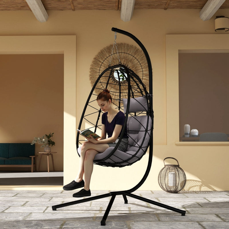Hanging Egg Chair - Grey Outdoor Indoor Garden Swing Chair with Stand, Thickened Cushion & Headrest - Folding Basket for Patio & Balcony