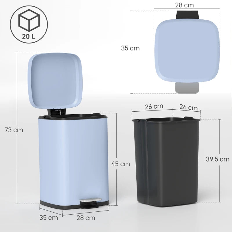 20L Modern Boxy Metal Kitchen Bin - Stylish Light Blue Trash Can for Home Organization and Waste Management