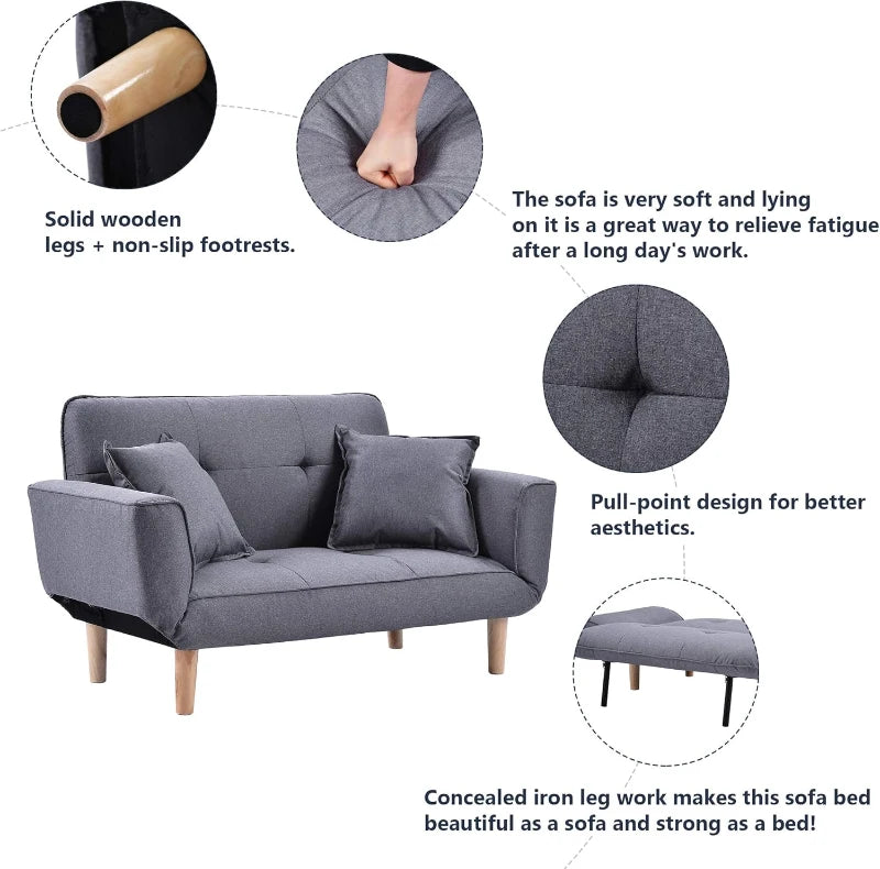 Expandable 2-Seater Bed Settee with 3 Adjustable Positions, Modern Fabric Loveseat for Flats and Dormitories, Grey