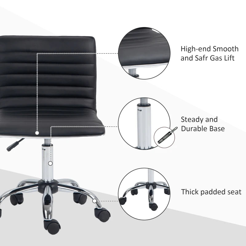 Armless Swivel Task Desk Chair with Faux Leather Adjustable Height Chrome Base and Wheels for Home Office Black