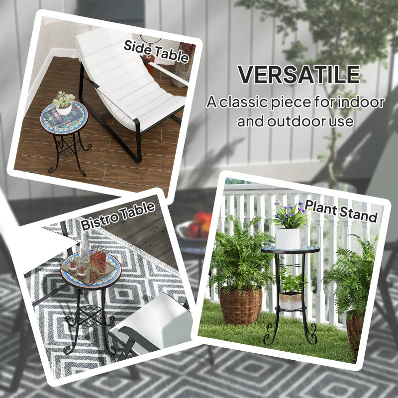 35.5 cm Round Blue Mosaic Garden Table - Ceramic Tile Top Outdoor Bistro Table with Shelf for Patio, Balcony, Indoor Use