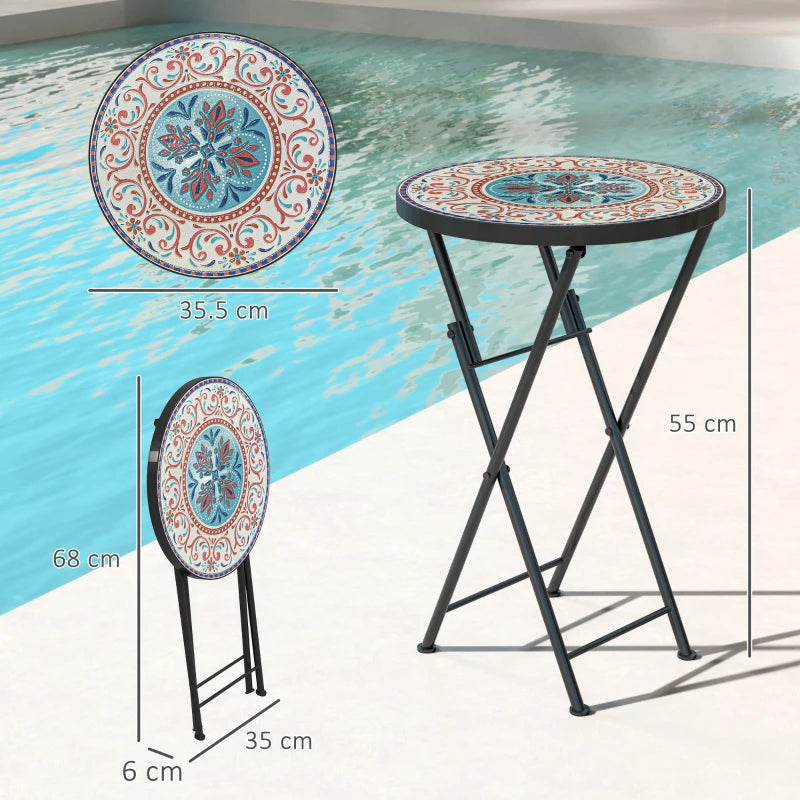 Mosaic Round Folding Garden Table, 35.5cm Metal Frame Coffee Table for Balcony, Multicolour