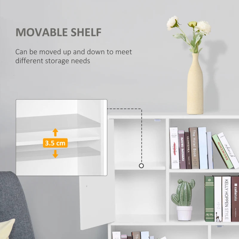 Modern White Sideboard Bookshelf - Free Standing Bookcase with Adjustable Shelves, Wooden Legs & Two Doors for Stylish Storage