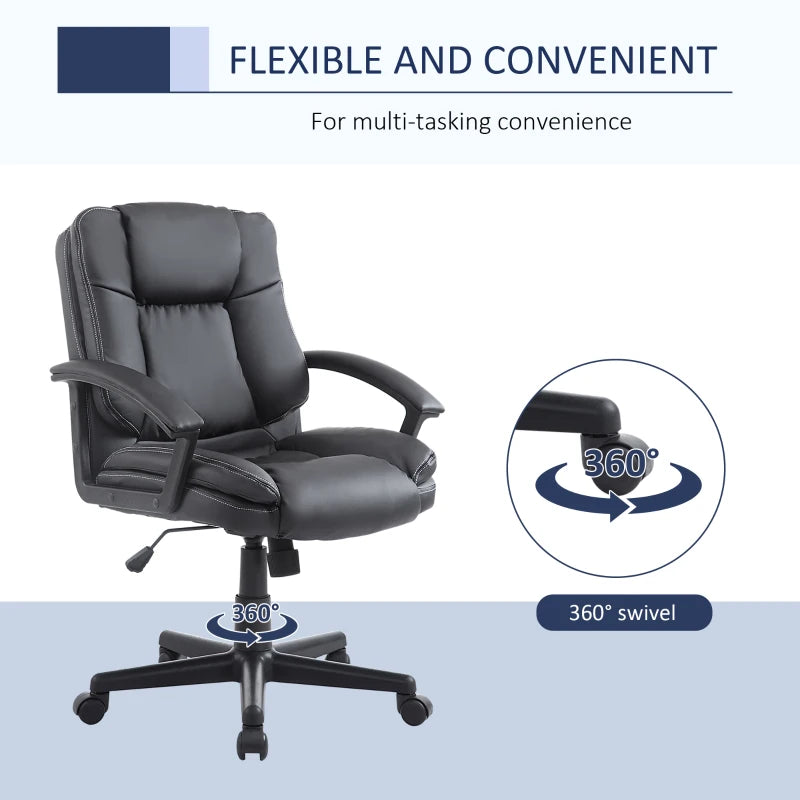 Ergonomic PU Leather Office Chair - Adjustable Mid Back Executive Desk Chair with Swivel Wheels for Home & Study, Black