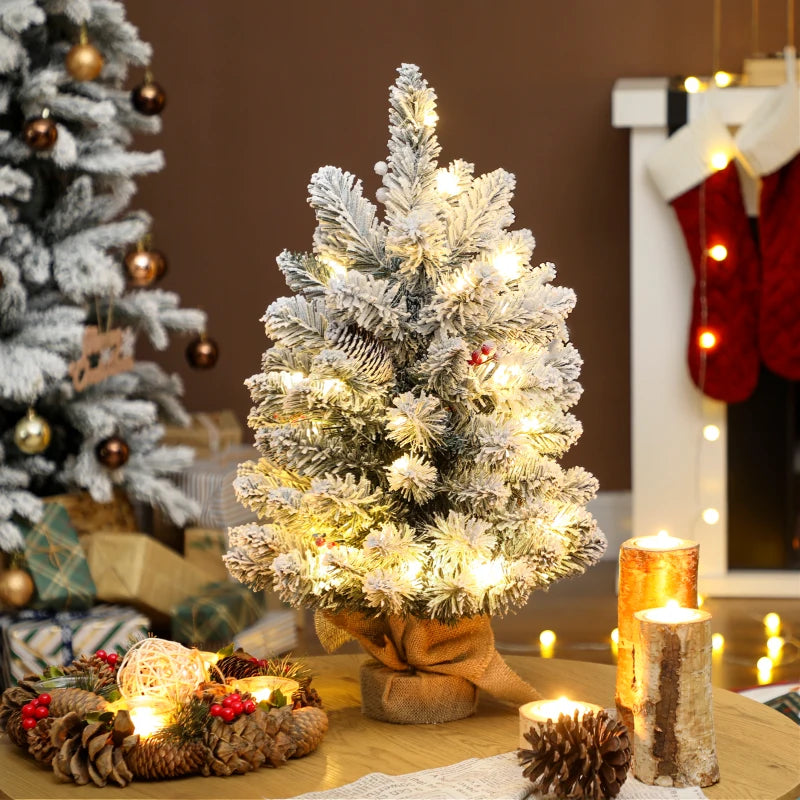 60 cm Prelit Small Christmas Tree - 35 LED Lights, Snow Flocked Mini Xmas Tree with Pine Cones & Berry Clusters
