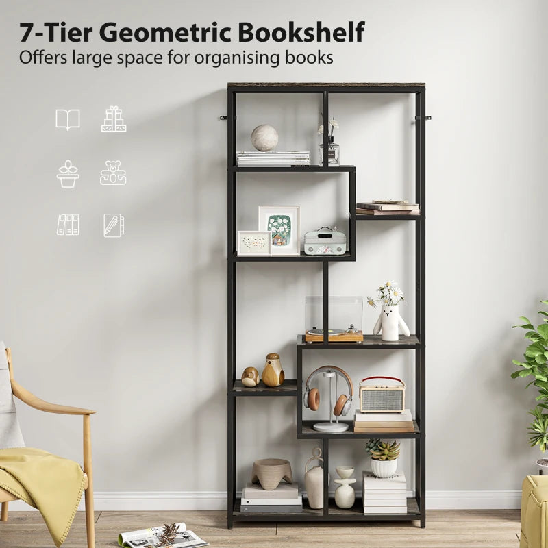 Unique Seven-Tier Geometric Bookcase in Grey and Black - Modern Storage Solution for Home or Office Decor