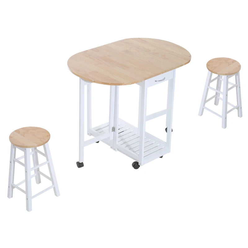 3 Piece Mobile Foldable Dining Room Set with Storage Shelf and Drawers for Home Kitchen Pub White