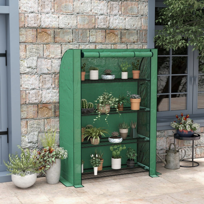 Portable Green 4-Tier Mini Greenhouse with Roll-Up Door, 170x120x50cm