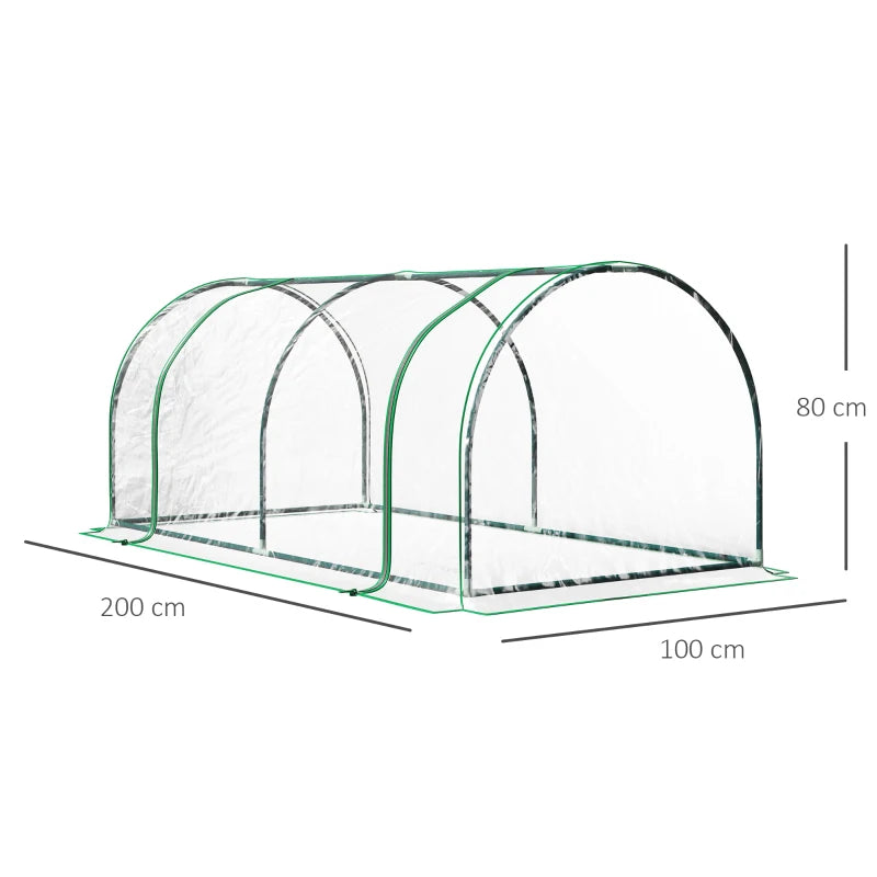 Green Steel Frame Garden Tunnel Greenhouse, Transparent Cover, 200x100x80cm