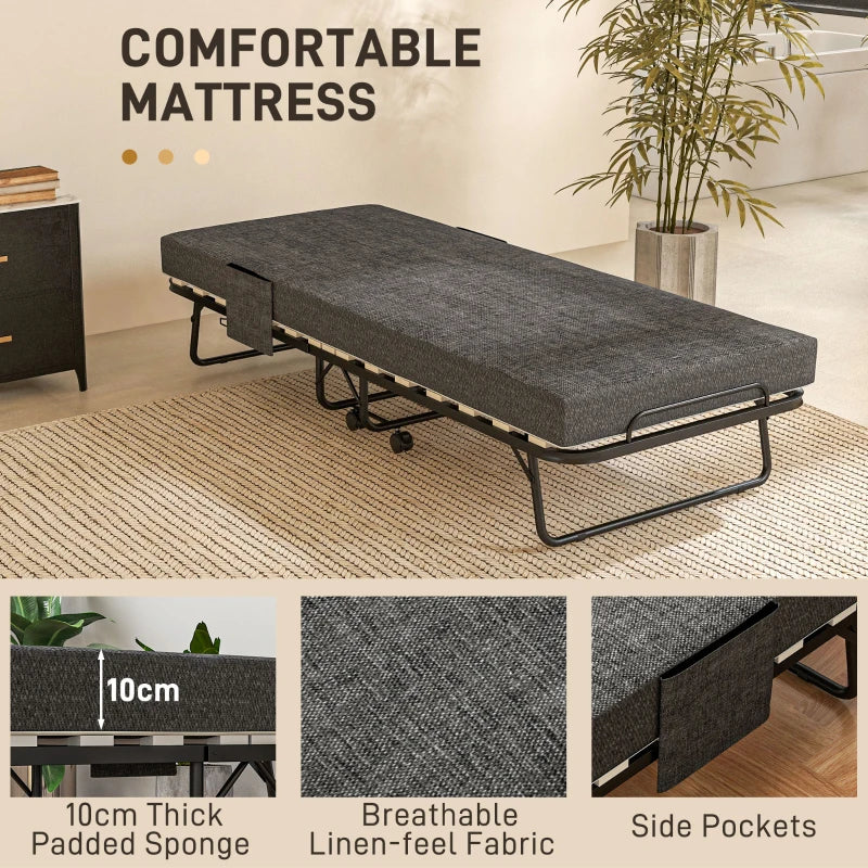 Portable Folding Bed with Wheels Steel Frame for Easy Storage and Travel Black Grey
