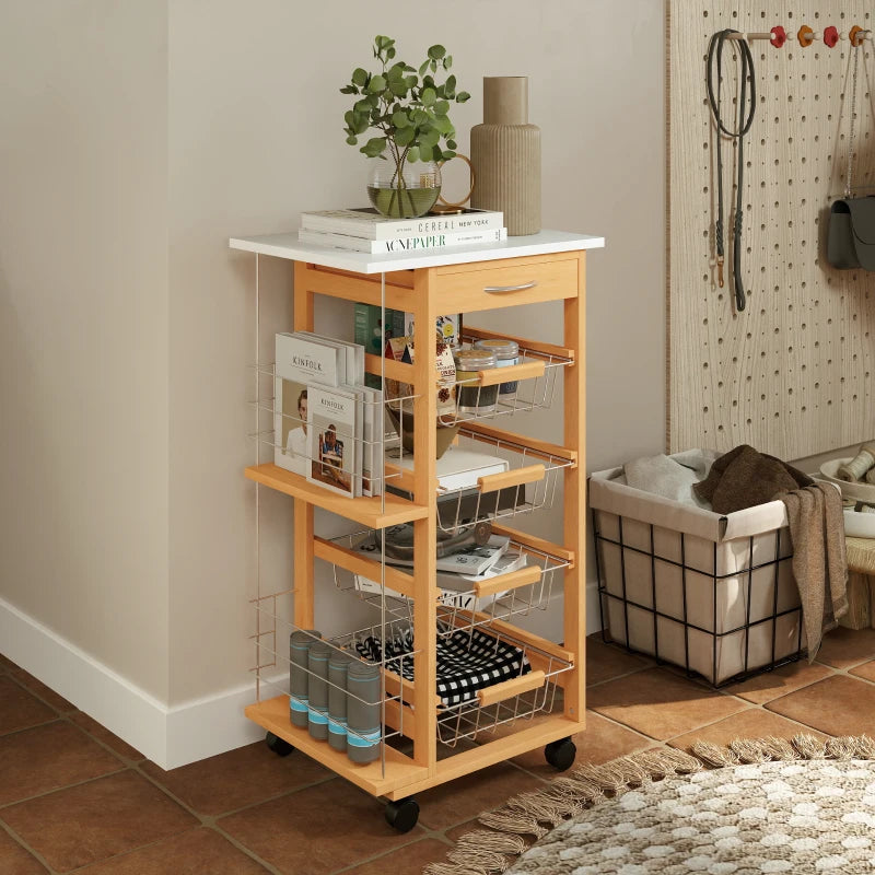 Rolling Kitchen Cart with 4 Basket Drawers & Side Racks - Utility Storage on Wheels for Dining Room, Brown Finish