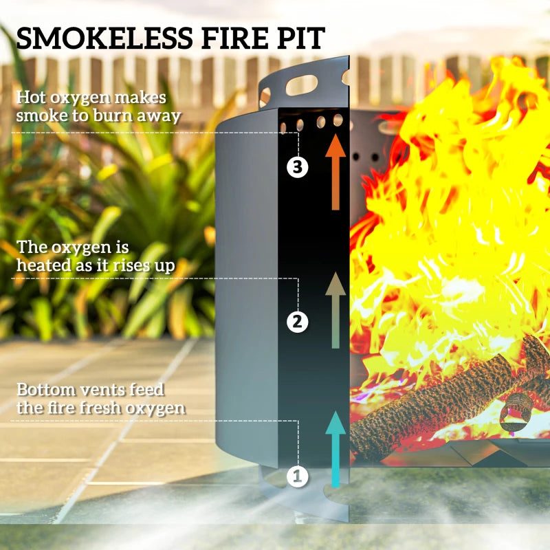 Portable Smokeless Fire Pit - 48.5cm Wood Burning Firepit with Poker for Garden, Camping & Bonfire Parties - Dark Grey Metal