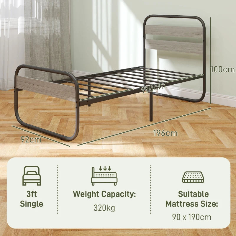 Industrial Style 3ft Single Metal Bed Frame with Under Bed Storage - Easy Assembly, No Box Spring Needed, Grey