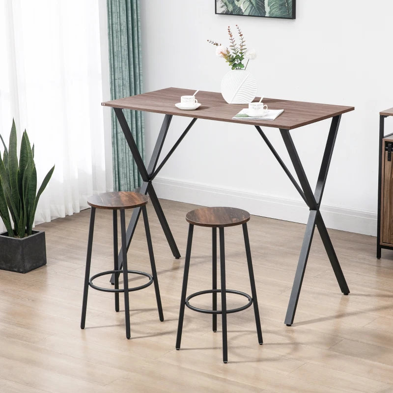 Set of 2 Industrial Bar Stools - 65cm High Rustic Brown Kitchen Chairs with Sturdy Steel Frame