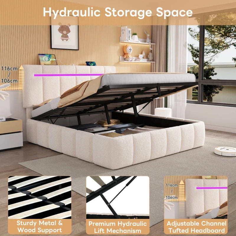 Double Upholstered Bed Frame with Hydraulic Storage and LED Headboard for Modern Bedrooms