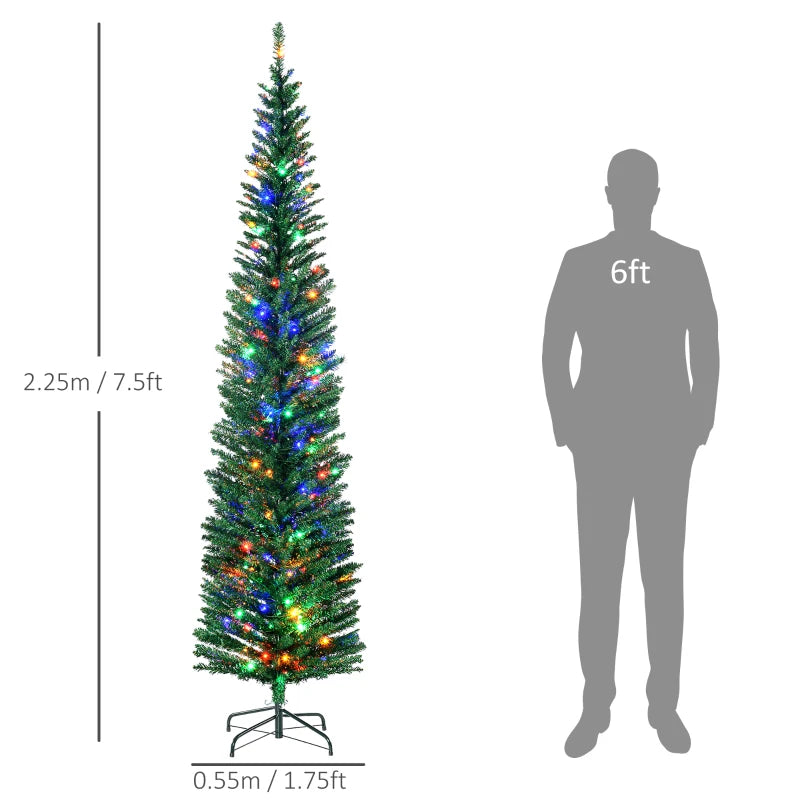 7.5' Prelit Artificial Christmas Tree with Colorful LED Lights - Pencil Shape Holiday Decor with Durable Steel Base