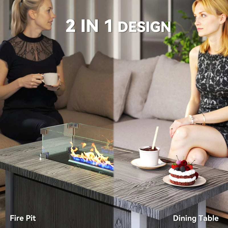 50,000 BTU Dark Grey Gas Fire Pit Table with Cover & Glass Screen - Outdoor Heating Solution