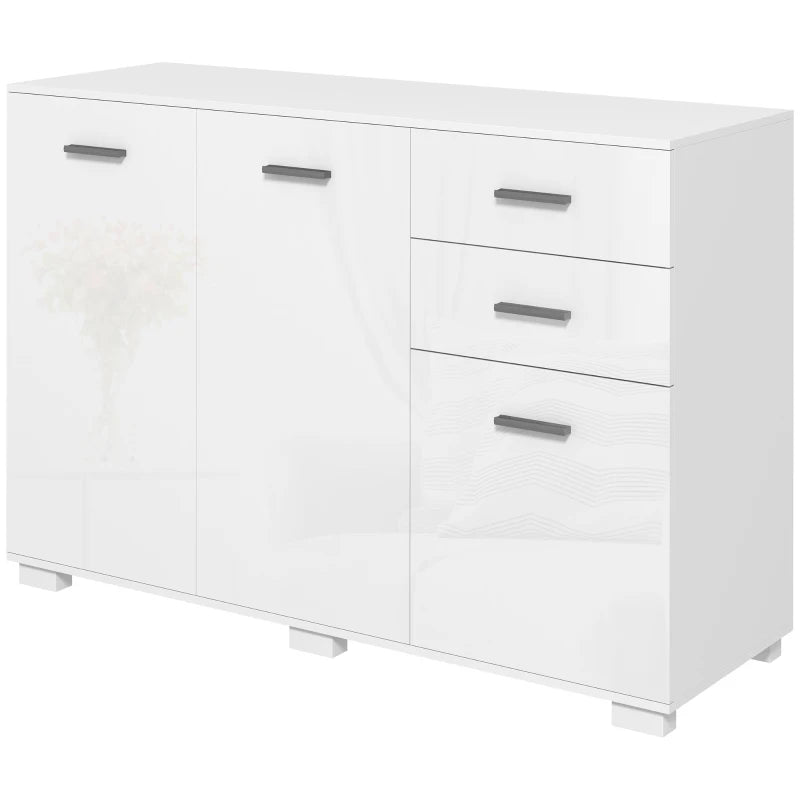Modern High Gloss White Sideboard Storage Cabinet with Adjustable Shelves and Drawers for Living Room