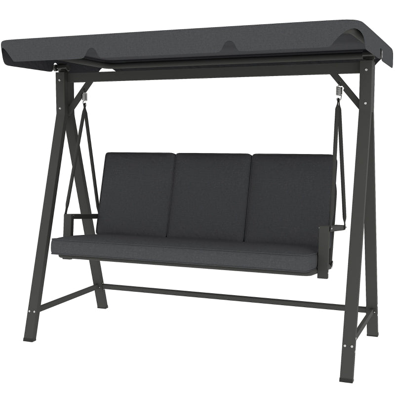 Dark Grey Three-Seater Garden Swing Bench with Adjustable Canopy for Outdoor Relaxation