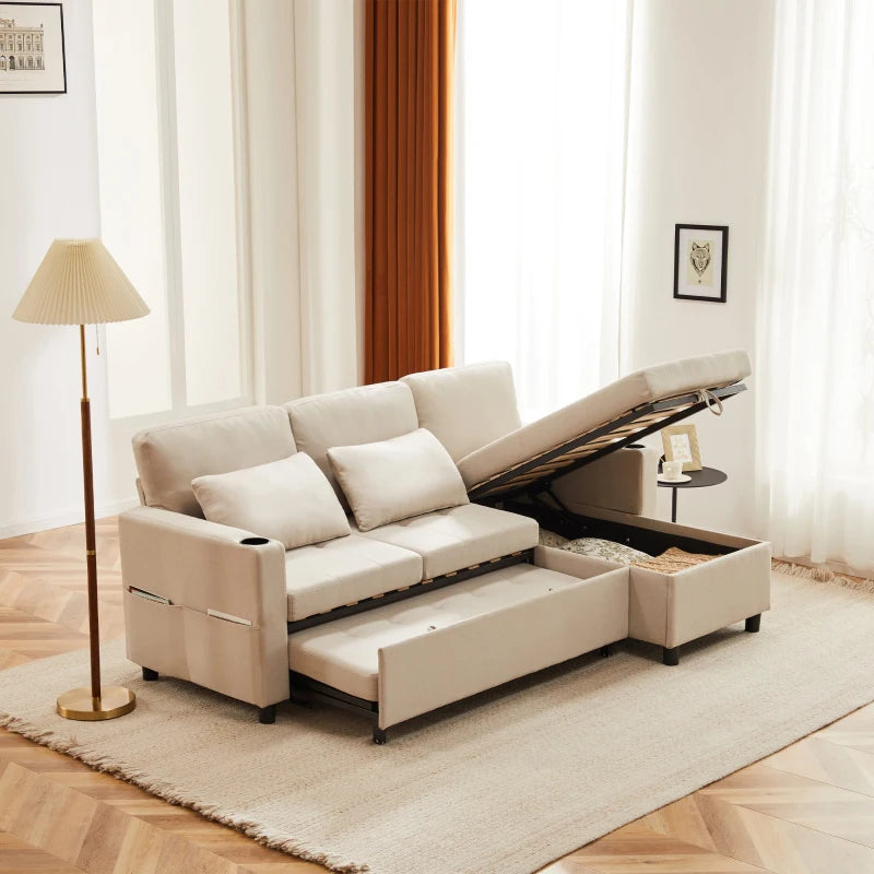 Linen Look L-Shaped Corner Sofa Bed with Storage, 3-Seater Convertible Settee with Cup Holders, Beige