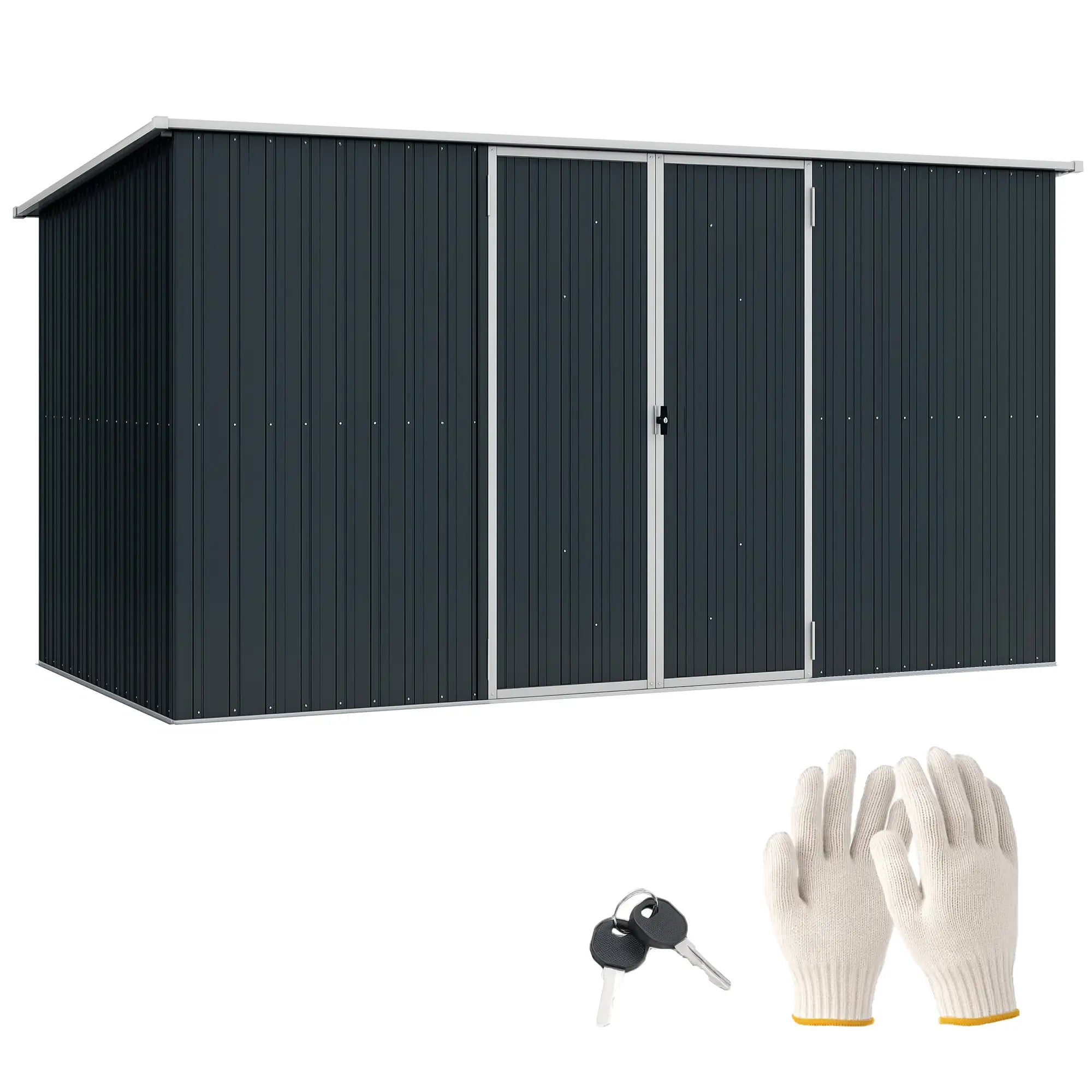 11ft x 5.6ft Dark Grey Steel Garden Shed With Lockable Doors and Gloves