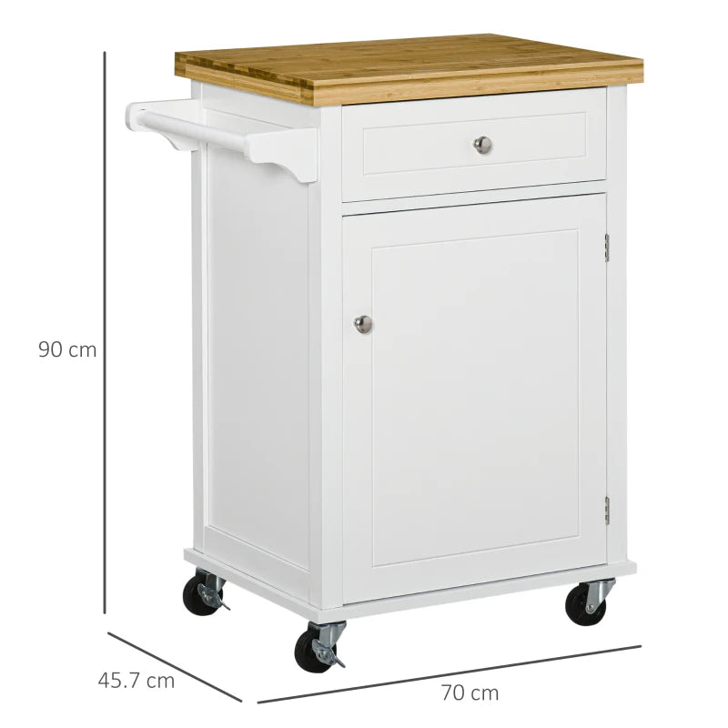 Stylish White Wooden Kitchen Cart Storage Trolley with Drawer, Cupboard & Towel Rail - Perfect for Organizing Your Kitchen