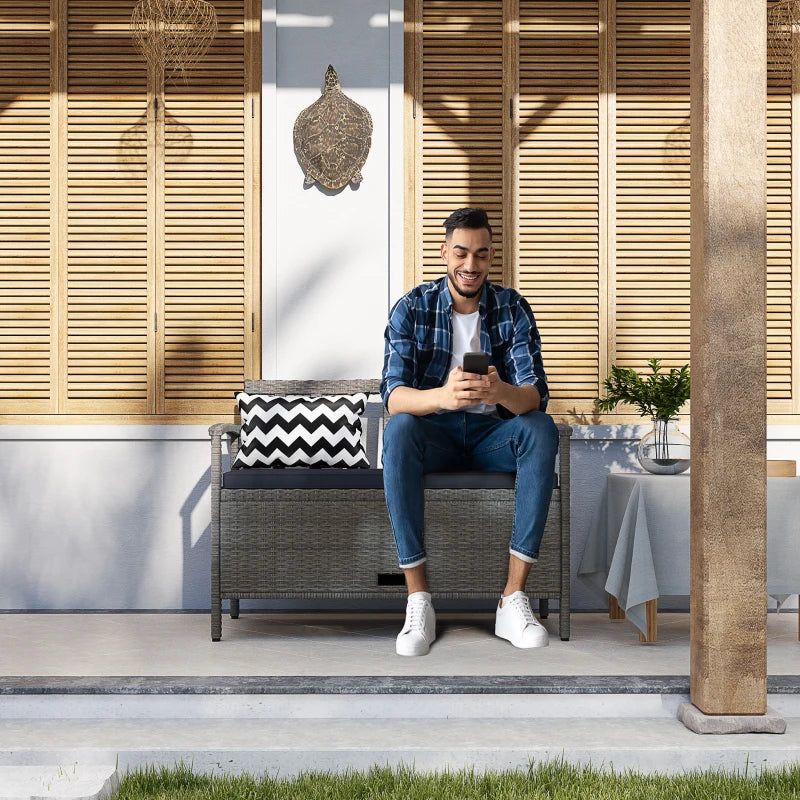 160L Grey Rattan Storage Bench - Two-Seater Outdoor Furniture