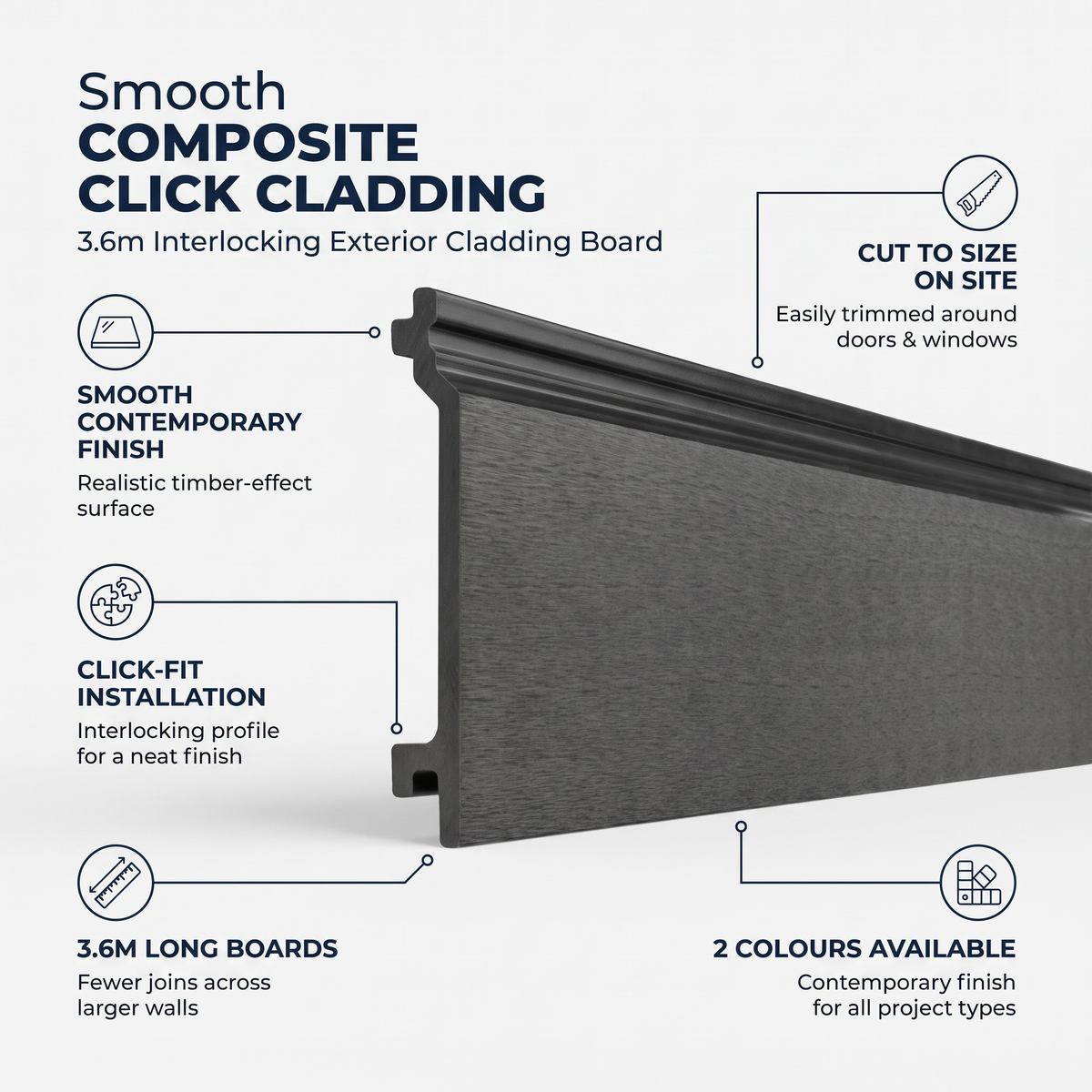 3.6m Smooth Composite Click Cladding Board – Interlocking Wall Cladding - 3600 x 140 x 21mm
