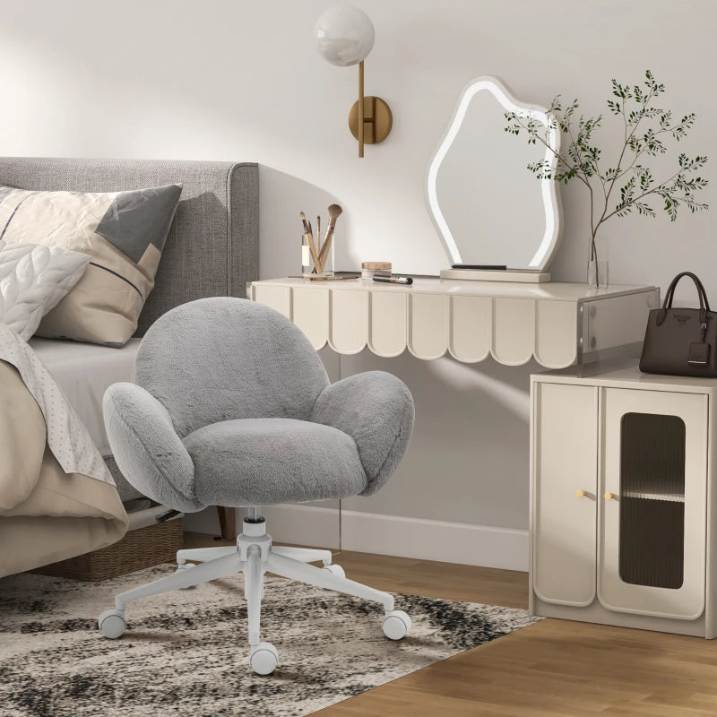 Cute Fluffy Makeup Vanity Chair with Rolling Wheels - Stylish Grey Desk Chair for Bedroom & Living Room