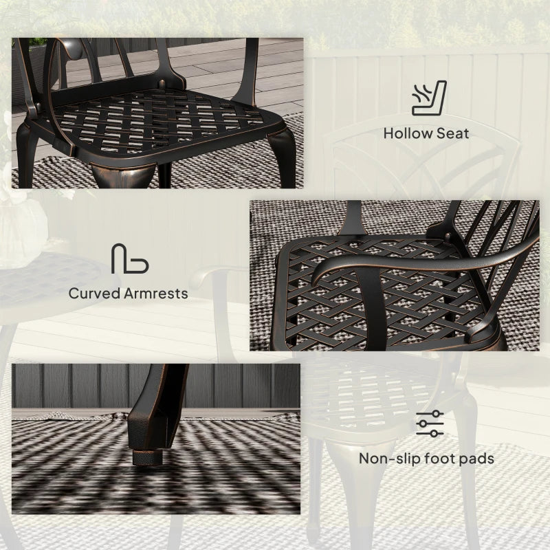3 Pieces Bronze Tone Garden Dining Set for 2 - Cast Aluminium Outdoor Dining Set with 2 Armchairs and Round Table with Parasol Hole