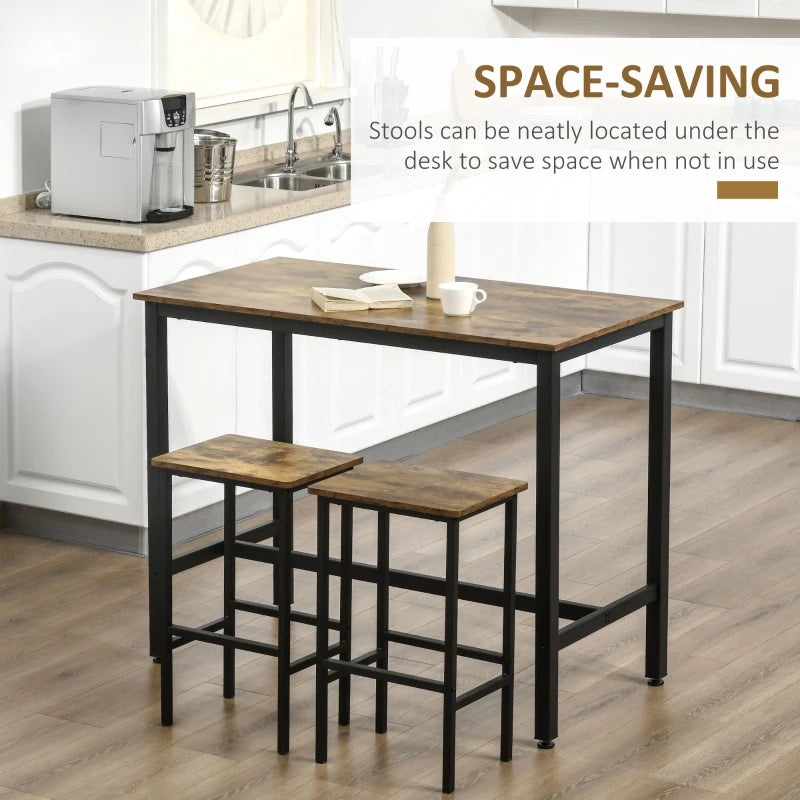 Rustic Brown 3-Piece Bar Table Set - 120x60cm Breakfast Table with 2 Stools for Kitchen & Living Room