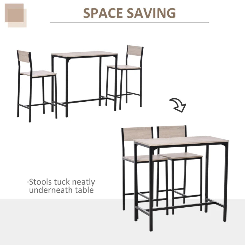 3-Piece Industrial Bar Table Set with 2 Stools, Footrest & Backrest - Perfect for Small Dining Spaces