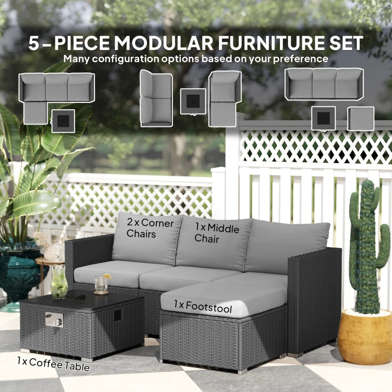 5-Piece Grey Rattan Garden Furniture Set with Gas Fire Pit Table & Footstools