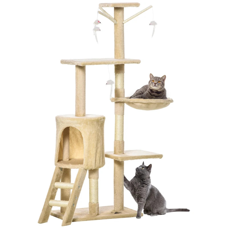 Beige Multi-Level Cat Tree with Scratching Post, Ladder & Cozy Cat House - Perfect for Play & Relaxation
