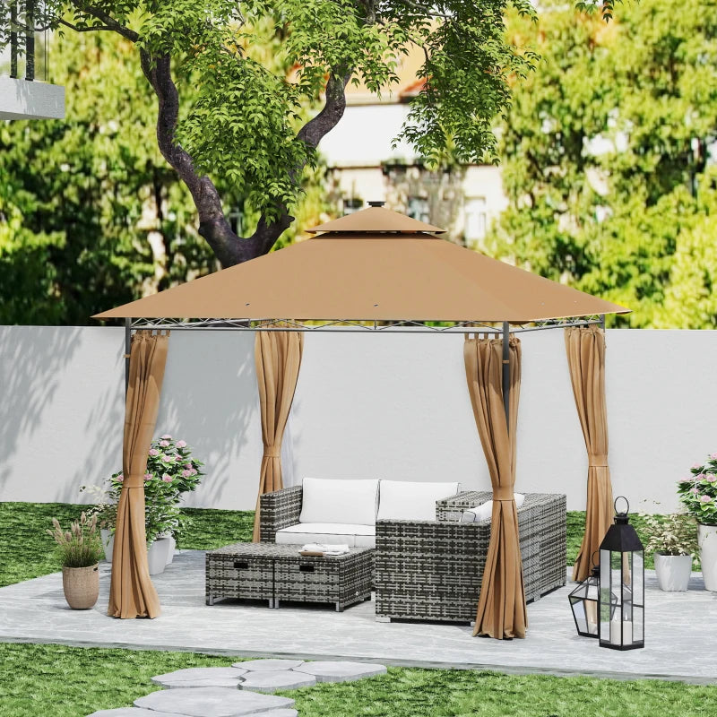 3 x 3 m Brown Garden Gazebo with Double Roof, Curtains & Solar-Powered LED Lights - Outdoor Canopy Shelter for Patio & Deck