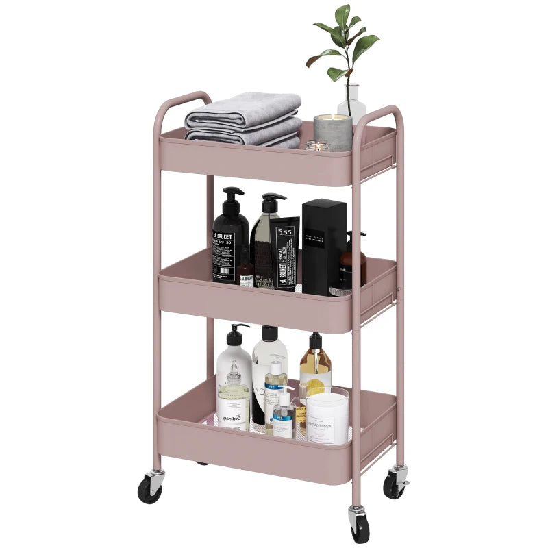 Three Tier Pink Steel Storage Trolley for Kitchen and Home Organization