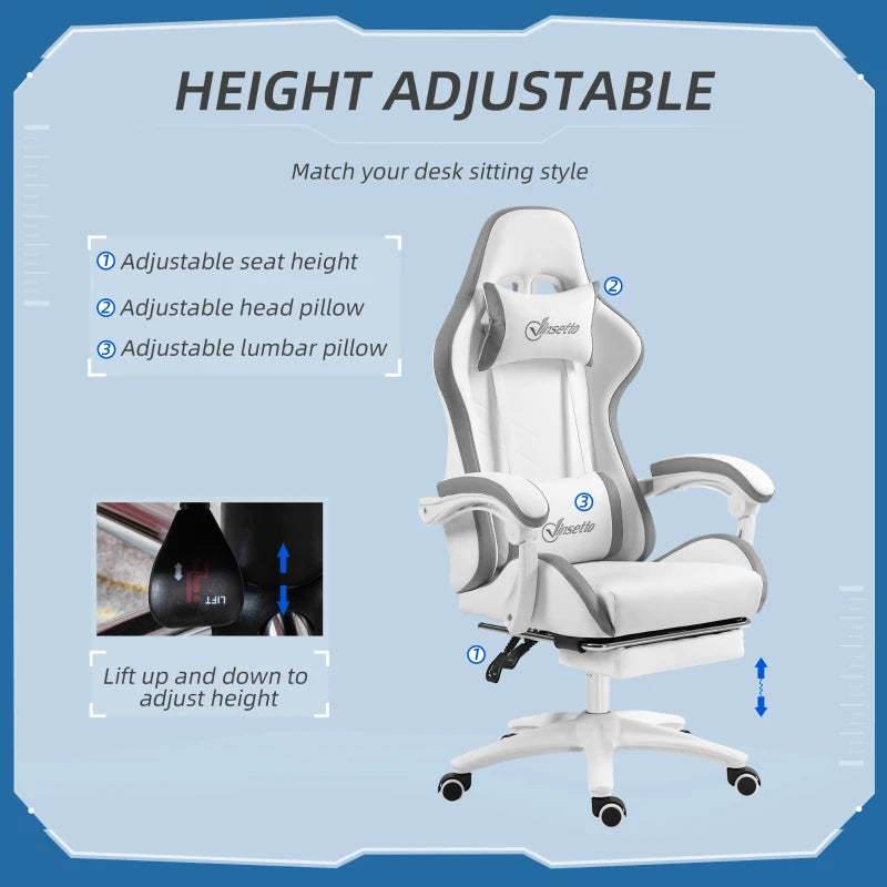 Vinsetto Gaming Chair with Footrest - PU Leather Swivel Desk Chair, 135° Recline, Lumbar Support, White & Grey