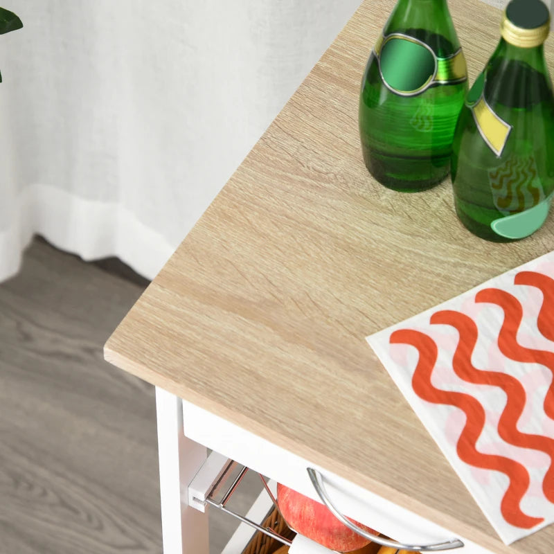 Compact Mobile Rolling Kitchen Island Trolley with Metal Baskets & Shelves - Stylish White Storage Solution on Wheels