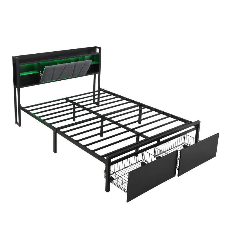 Modern Metal Bed Frame with LED Lights & Charging Ports, Storage Drawers, Padded Headboard, 209x137.5x100 cm, Black
