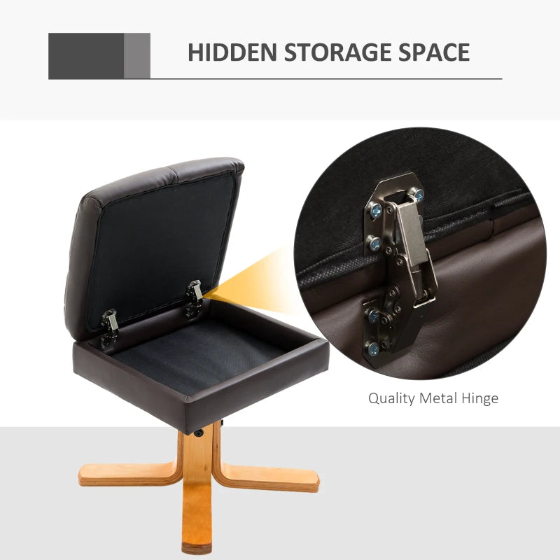 Swivel Reclining Armchair with Ottoman, Faux Leather Chair with Wooden Base and Storage Footstool for Living Room, Brown