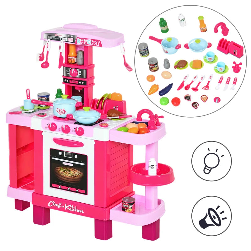 38-Piece Kids Kitchen Play Set with Realistic Sounds & Lights - Food, Utensils, Pots, Pans & Appliances - Pink Toy Game