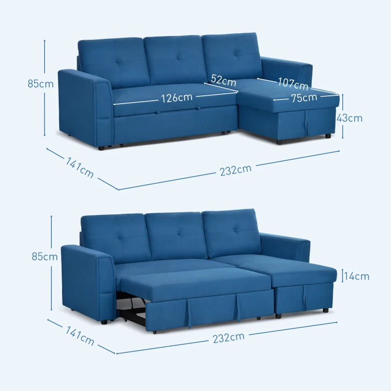 L-Shaped 3-Seater Sofa Bed with Storage – Convertible Click Clack Futon for Living Room, Dark Blue