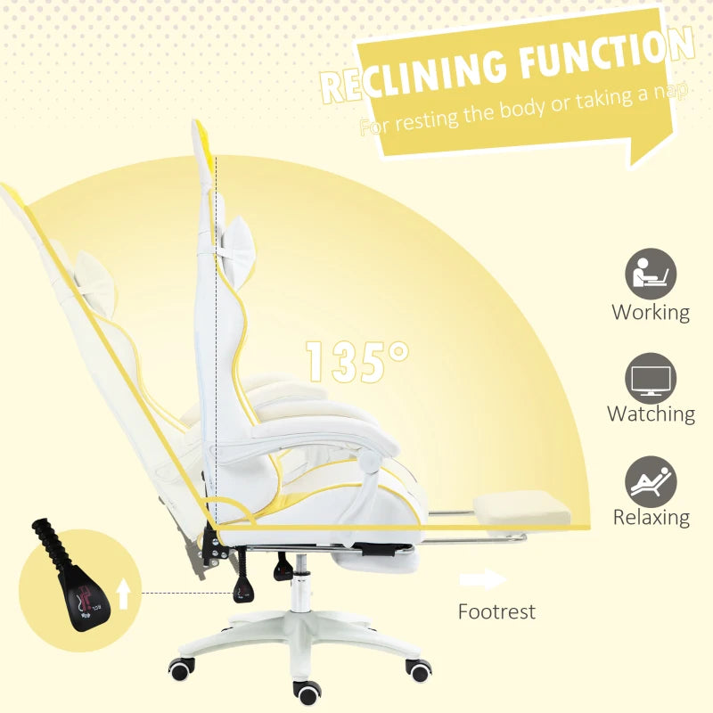 Vinsetto Yellow Reclining Racing Gaming Chair with Headrest, Lumbar Support, Footrest & Removable Rabbit Ears - PU Leather