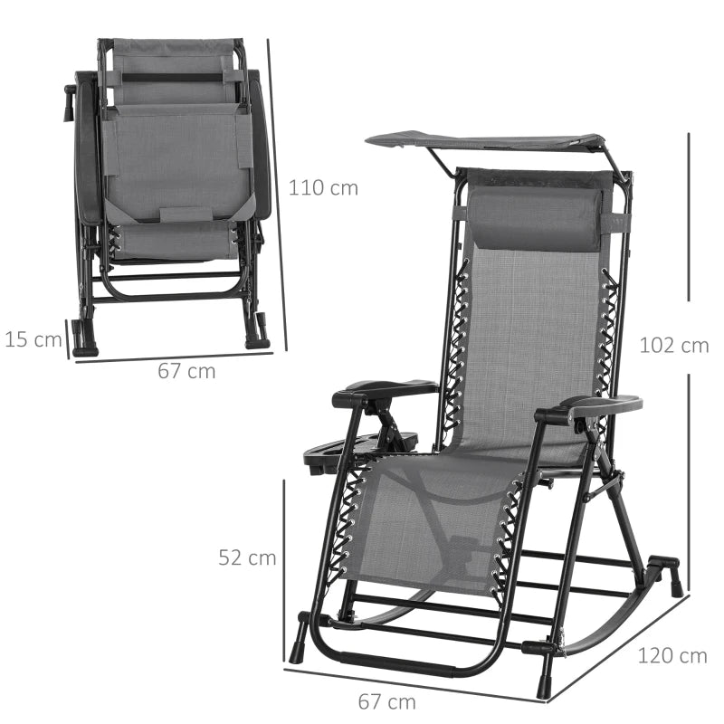 Grey Folding Rocking Sun Lounger Chair with Headrest and Side Holder