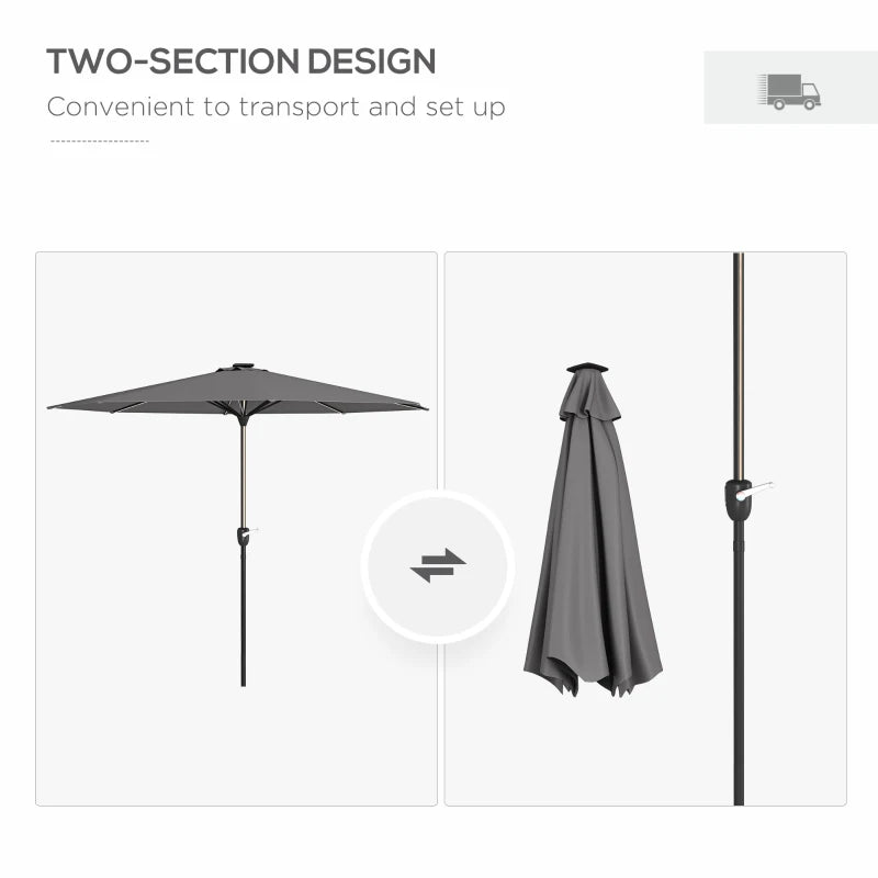 Charcoal Grey Solar LED Patio Umbrella with Crank Handle