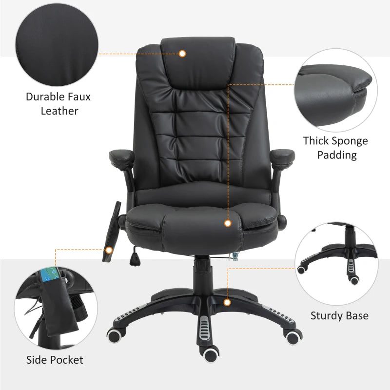6-Point Heated Massage Office Chair - PU Leather High Back Executive Desk Chair with Adjustable Height & 360° Swivel - Black
