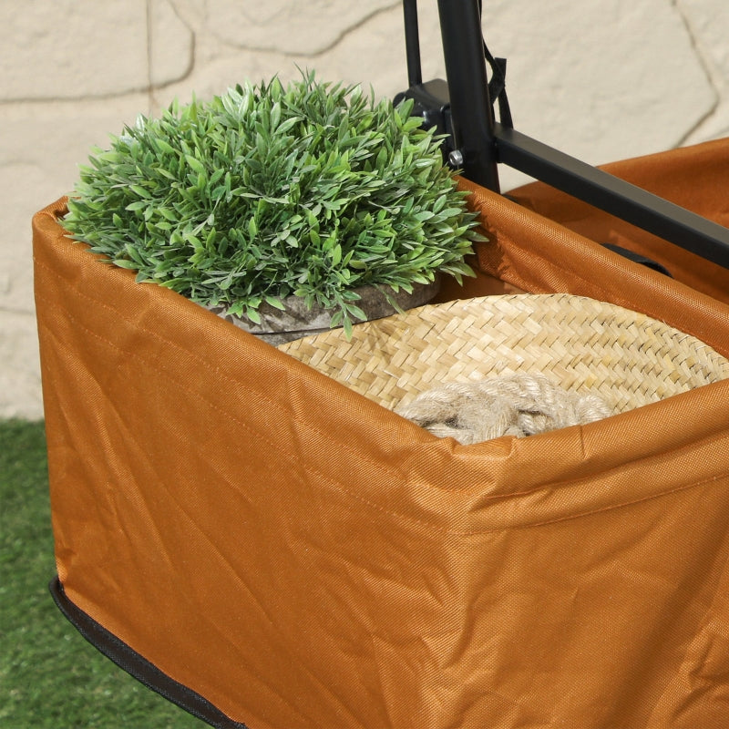 Folding Trolley Cart Storage Wagon - Orange 4-Wheel Beach Trailer with Canopy for Shopping and Camping