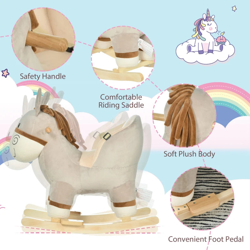 Kids Plush Rocking Horse with Sound | Safe Wooden Base Ride-On Donkey Toy for Toddlers 18-36 Months - Grey
